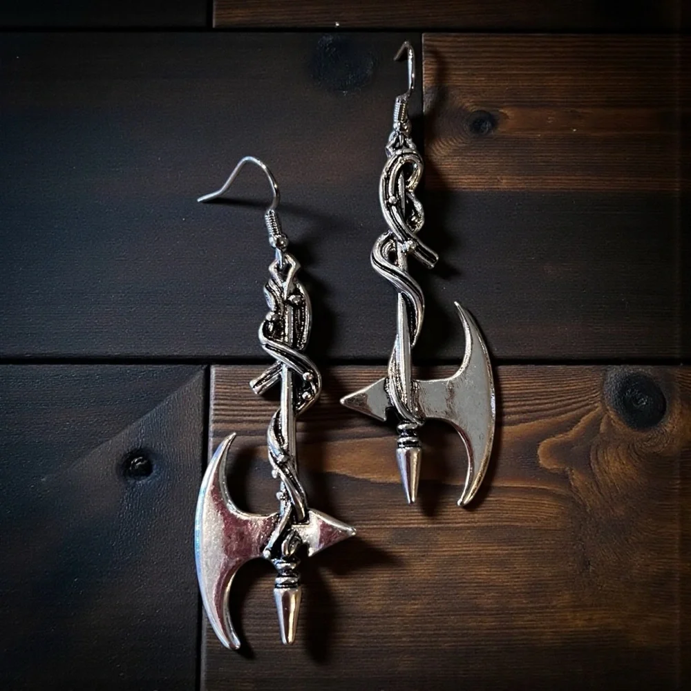 Silver Toned Battle Axe Earrings